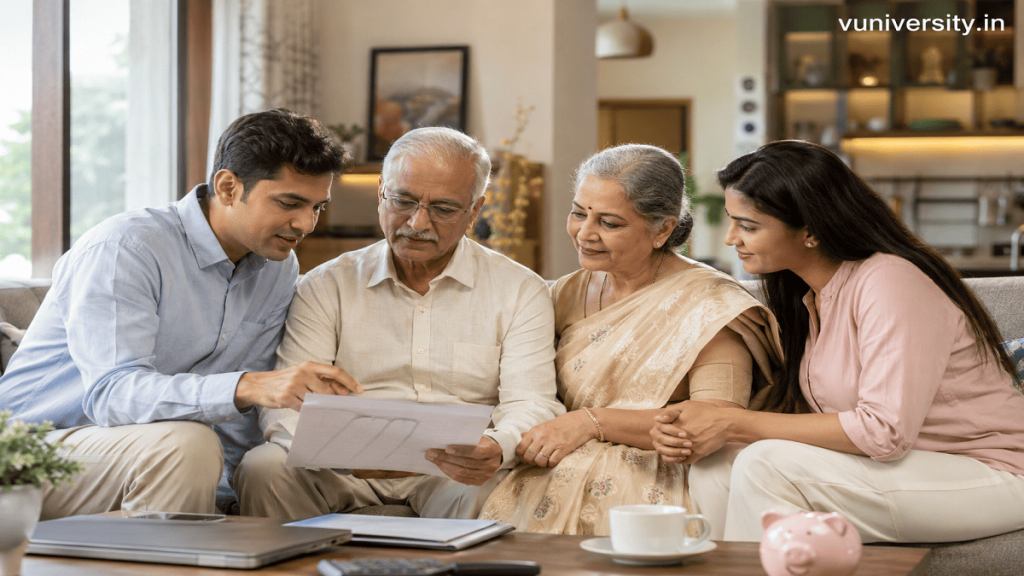 An elderly retired couple reviewing documents with their adult children in a warm, modern living room, symbolizing trust and stability under the Provident Fund Act, 1952.