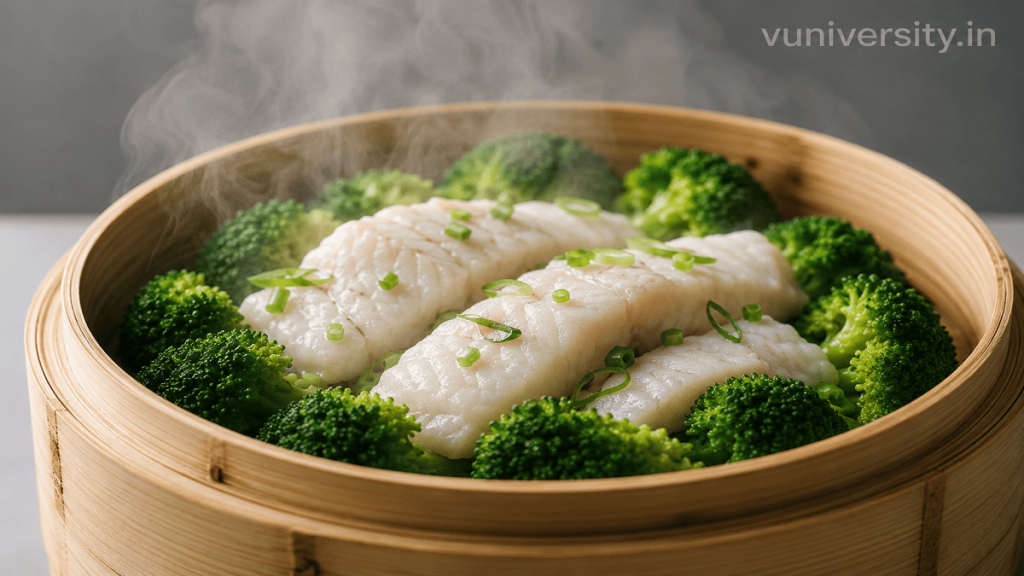 A bamboo steamer basket filled with broccoli and fish fillets, steam rising naturally, watermark “vuniversity.in” in the top‑right corner.