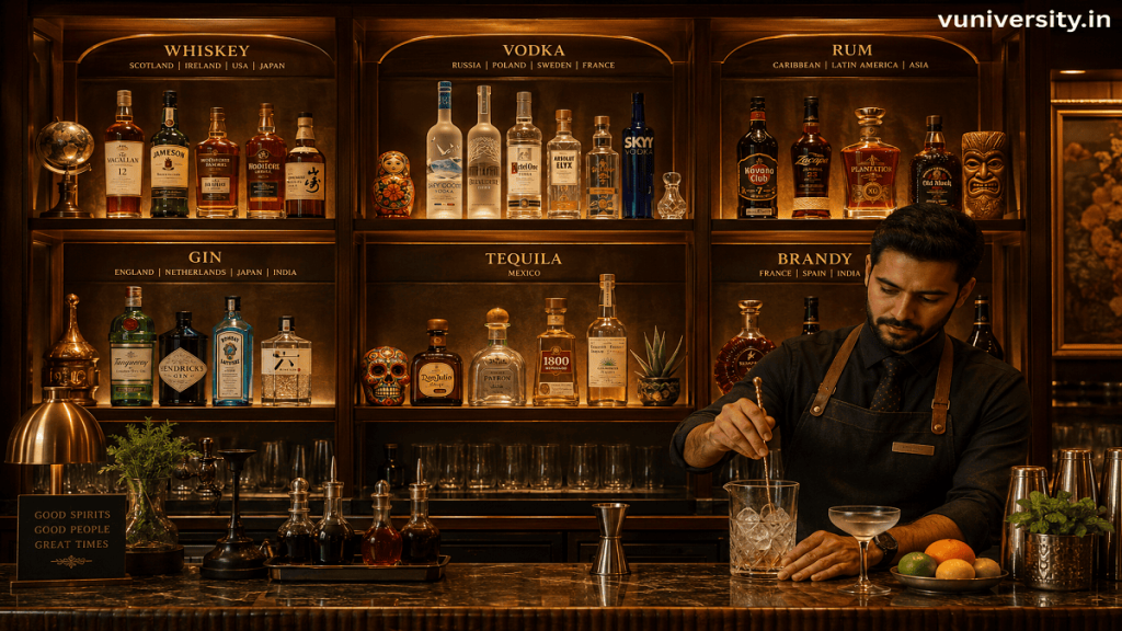 Premium bar display of whiskey, vodka, rum, gin, tequila, and brandy bottles on polished shelves, bartender preparing a cocktail, watermark “vuniversity.in” in the top‑right corner.