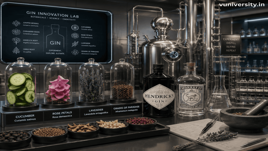 Sleek gin laboratory with stainless steel distillation equipment, botanicals like cucumber, rose petals, lavender, and exotic spices displayed scientifically, watermark “vuniversity.in” in the top‑right corner.