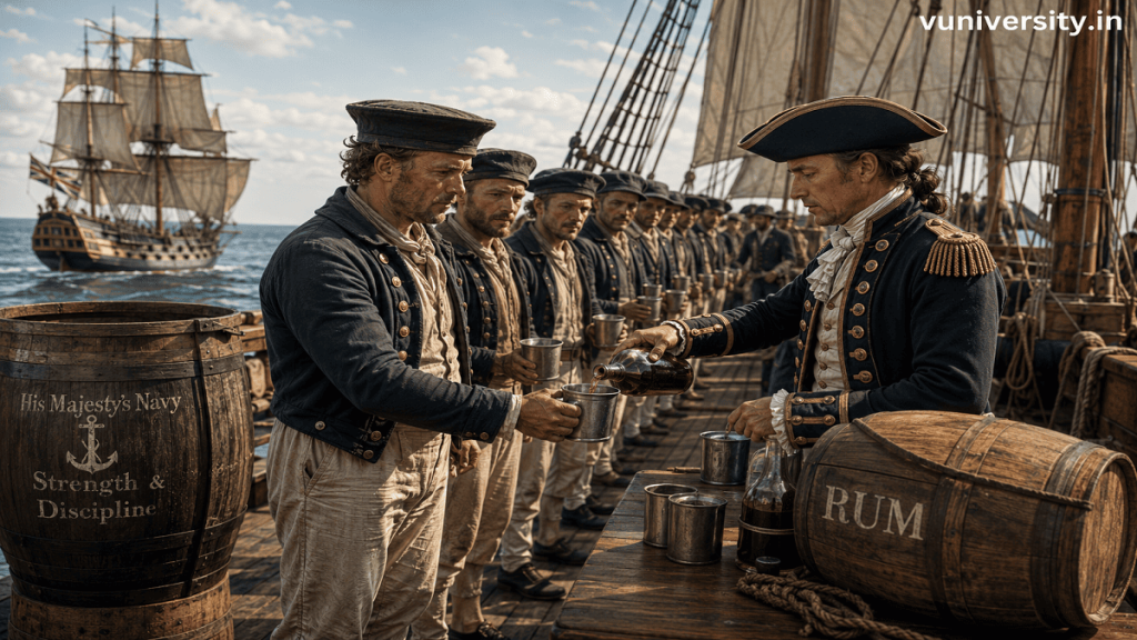 18th‑century British naval deck with sailors receiving daily rum ration from an officer, ocean horizon and sails in the background, watermark “vuniversity.in” in the top‑right corner.