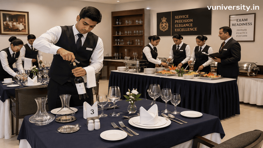 Students rehearsing food and beverage service exam scenarios in a training restaurant, practicing wine service and buffet setup, watermark “vuniversity.in” in the top‑right corner.