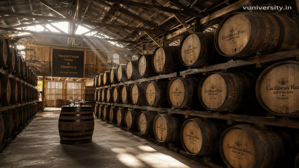 A contemporary rum aging warehouse with rows of oak barrels stacked high, sunlight filtering through wooden beams, watermark “vuniversity.in” in the top‑right corner.