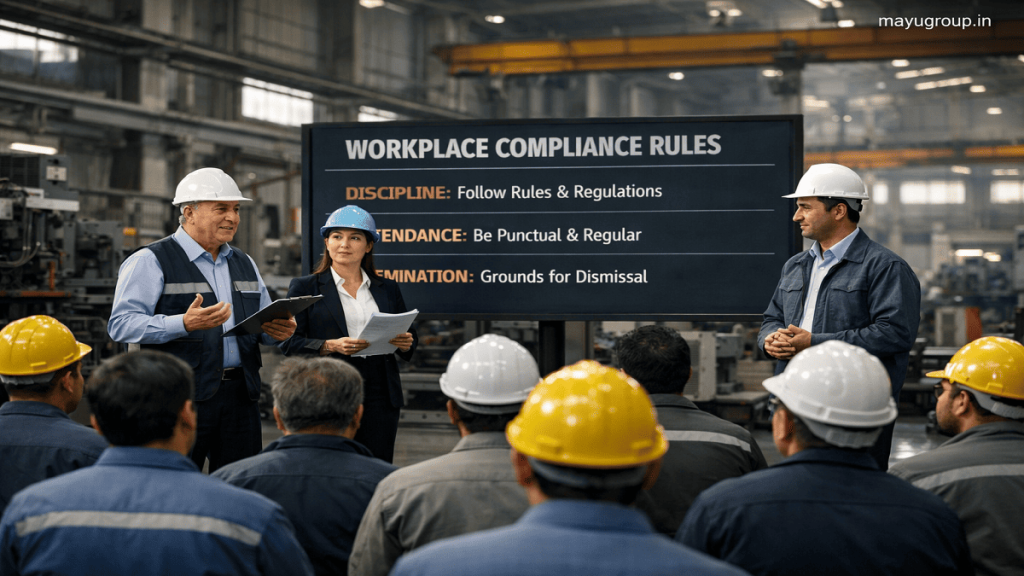 The Employment (standing order act) 1976 2 Factory workers and supervisors in an industrial facility reviewing employment standing orders and workplace rules during a formal briefing session.