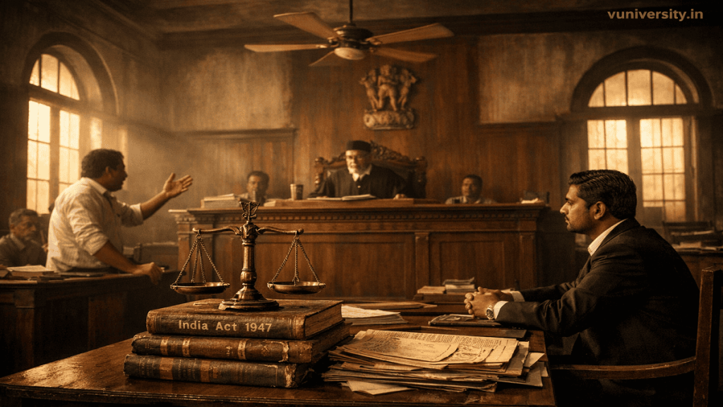 A detailed interior photograph of a mid-century Indian courtroom tribunal with a wooden bench, law books, and a "vuniversity.in" watermark in the top right corner.