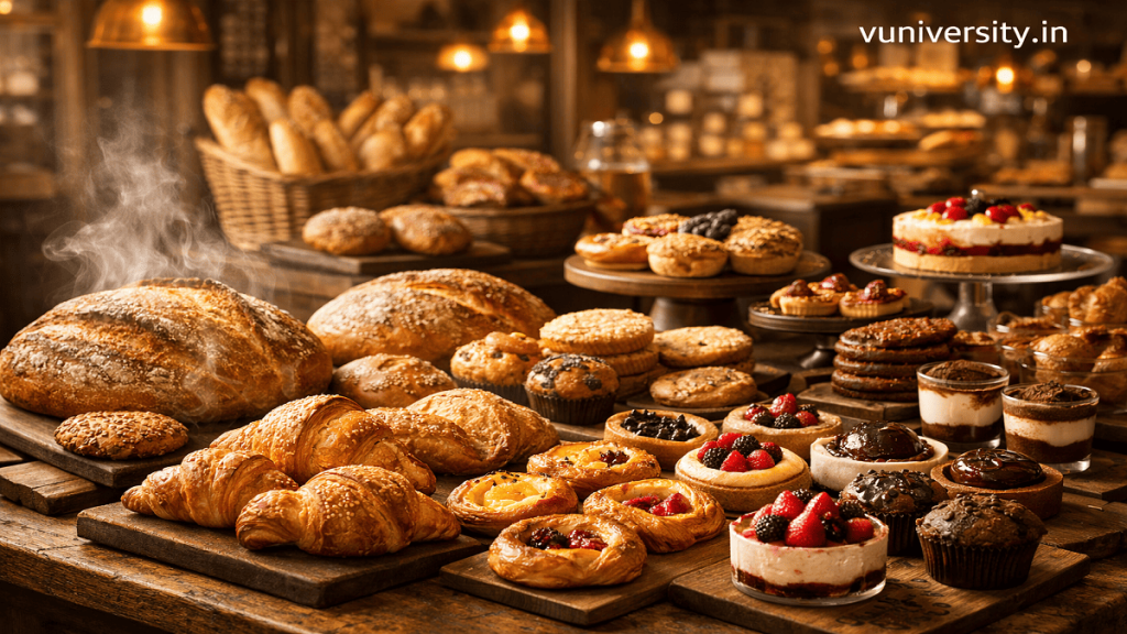 Display of artisan breads, croissants, pastries, muffins, and baked goods arranged in a premium bakery setting.