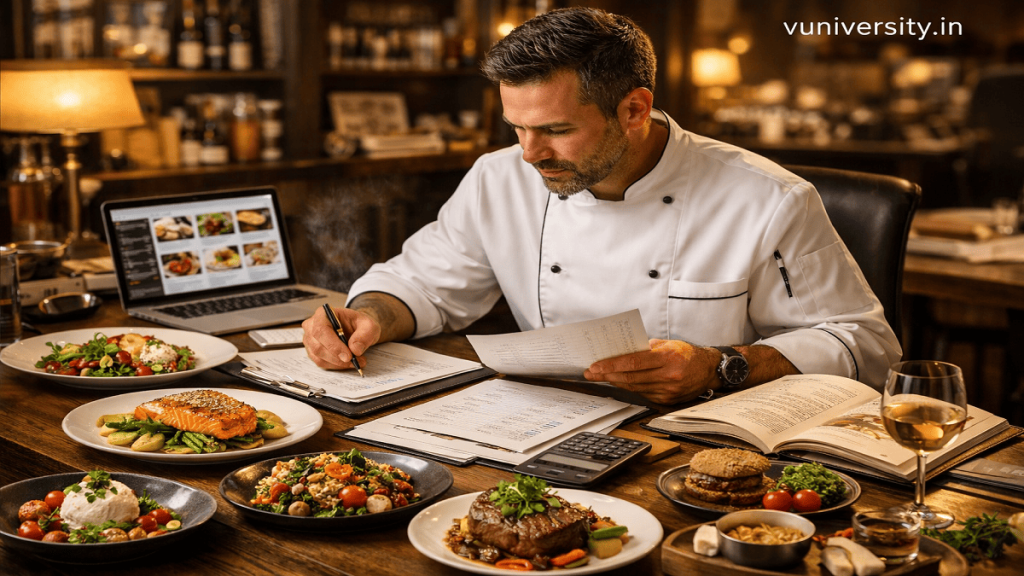 Professional chef reviewing menu layouts, recipes, and food costing documents while planning restaurant offerings.