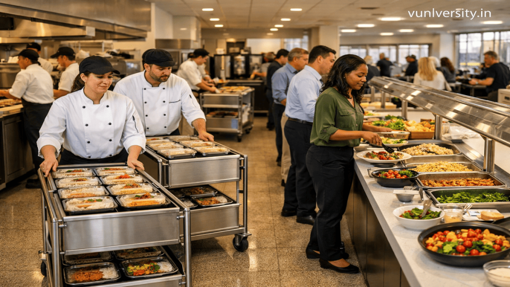 Cafeteria service line showing staff managing stainless steel food carts and diners selecting meals in a clean institutional dining hall.