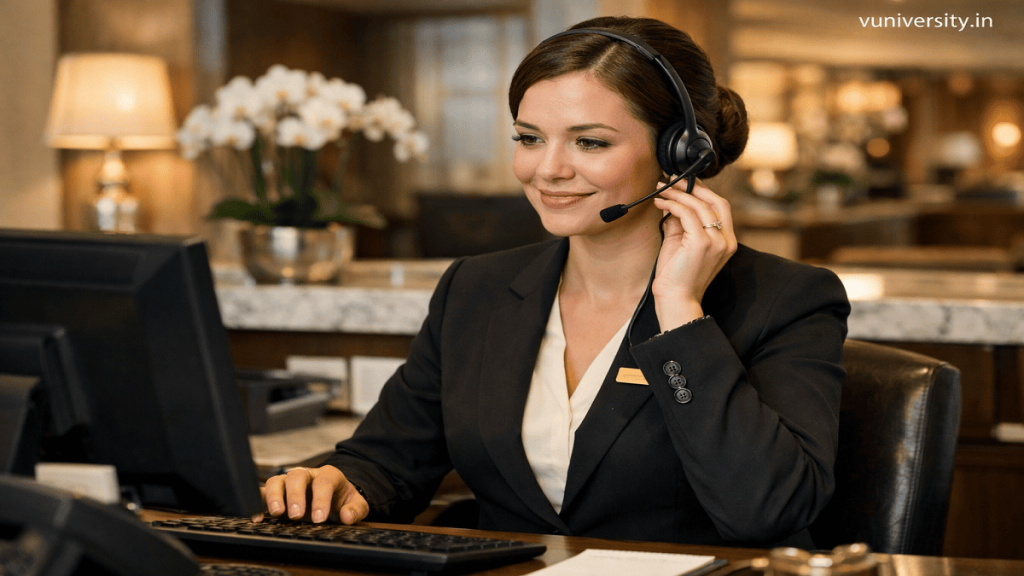 Guest service executive professionally managing a customer call in a modern hotel office using excellent telephone etiquette.