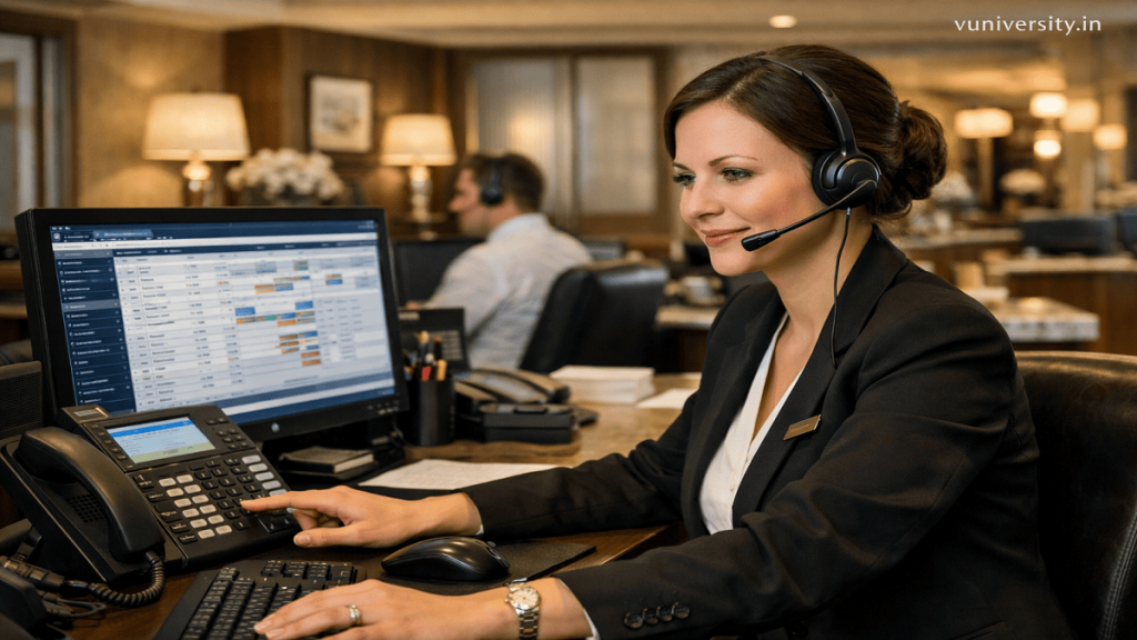 Hotel call center operator assisting guests through headset while managing reservations and customer service requests on a computer system.