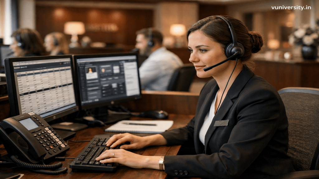Hotel call center operator managing guest telephone requests using headset and computer-based hotel management system.