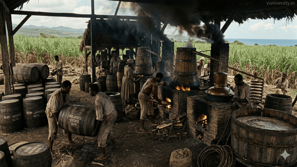 History of Rum. 17th‑century Caribbean rum distillery with enslaved laborers working on wooden pot stills and barrels of molasses, sugarcane fields in the background, watermark “vuniversity.in” in the top‑right corner.