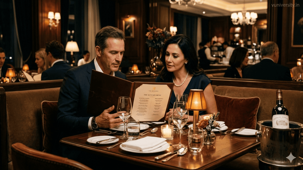 Study of Menus. Guests in a luxury fine dining restaurant reviewing leather‑bound menus with seasonal dishes, watermark “vuniversity.in” in the top‑right corner.