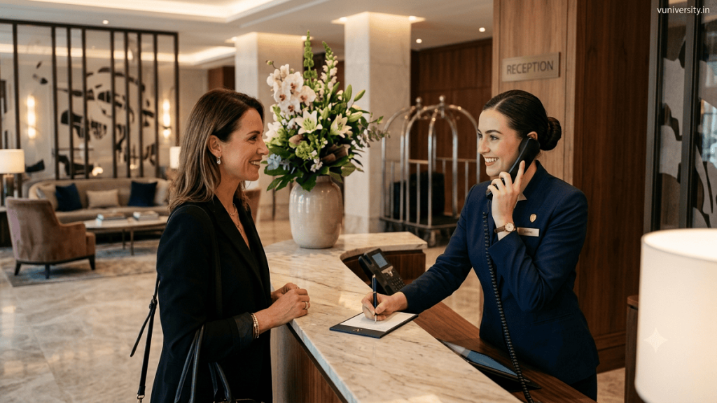 Professional hotel receptionist demonstrating excellent telephone manners while assisting a guest over the phone at the front desk.