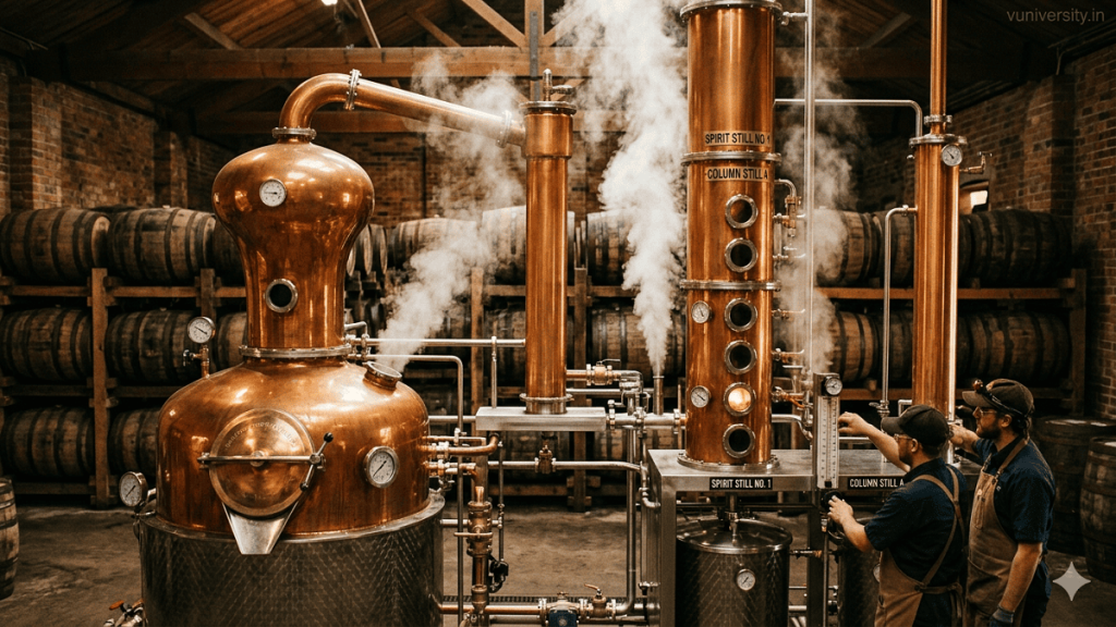 Copper pot stills and column stills inside a distillery, vapors rising during alcohol distillation, wooden barrels in the background, watermark “vuniversity.in” in the top‑right corner.Distillation Process in Spirits Production