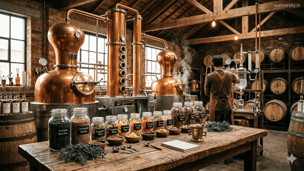 Copper pot stills inside a traditional gin distillery, botanicals like juniper, coriander, angelica, and citrus peels displayed on rustic tables, watermark “vuniversity.in” in the top‑right corner.