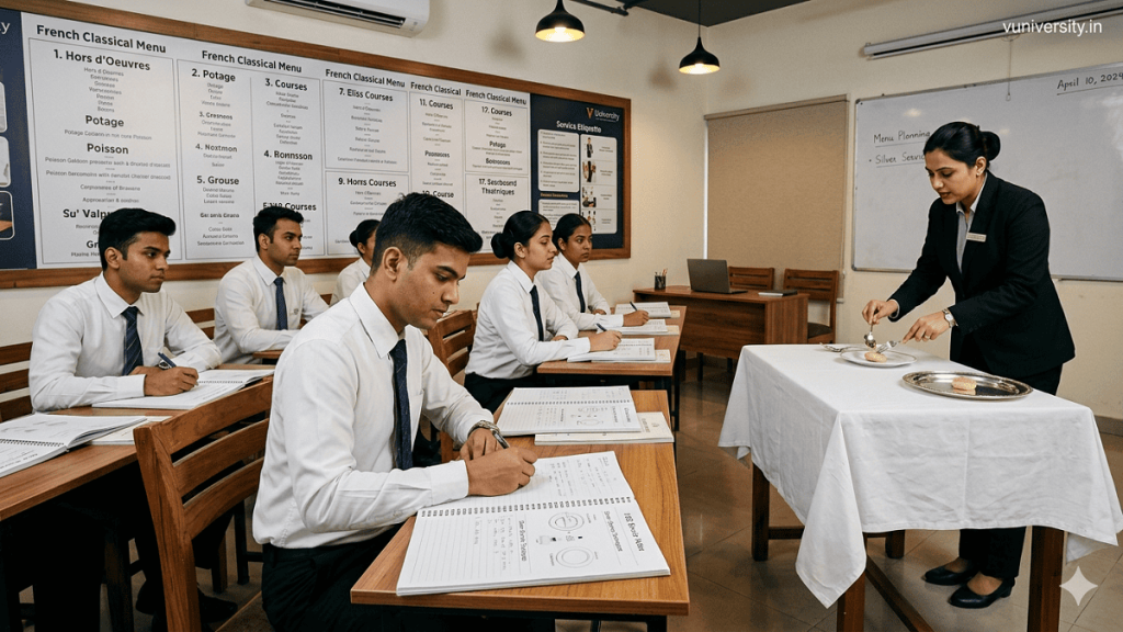 404 Food and Beverage ServiceStudents in a modern hospitality classroom reviewing food and beverage service notes, trainer demonstrating silver service techniques, watermark “vuniversity.in” in the top‑right corner.