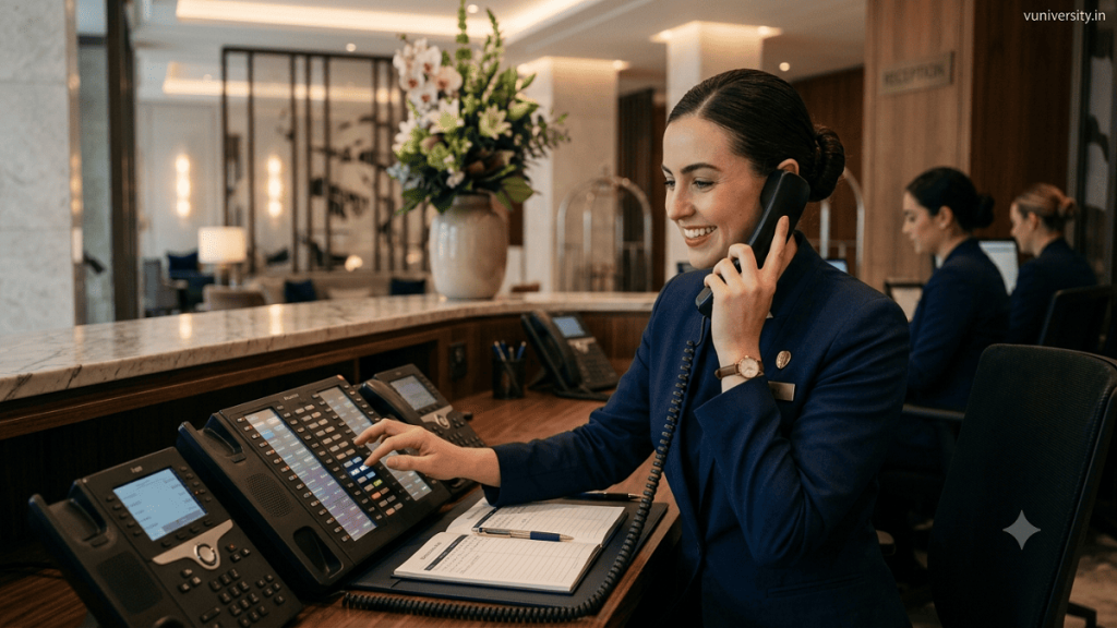 Telephone Operating. Professional hotel telephone operator handling guest calls at a luxury front desk using a modern communication system.
