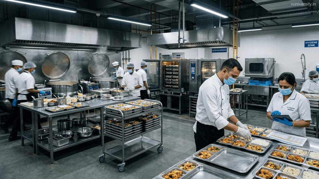 Quantity Food Production. Ultra‑realistic hospital kitchen scene with chefs preparing large trays of meals using industrial equipment, watermark “vuniversity.in” in top‑right corner.