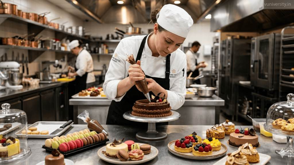 403 Food Production and Patisserie. Professional pastry chef decorating a chocolate cake in a commercial bakery kitchen surrounded by desserts and pastries.