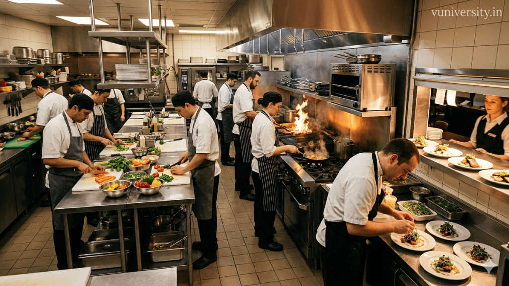 Chefs working in a stainless steel commercial kitchen with defined prep, cooking, and plating zones, watermark “vuniversity.in” in the top‑right corner.