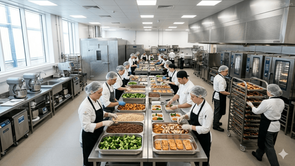 Industrial and Institutional Catering. Professional chefs in white uniforms and hairnets preparing high-volume healthy meals in a modern stainless steel industrial kitchen.