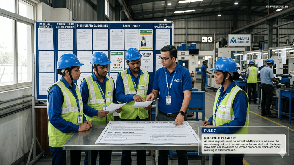 The Employment (standing order act) 1976 3 The Employment. Factory workers and supervisors in an industrial facility reviewing employment standing orders and workplace rules during a formal briefing session.
