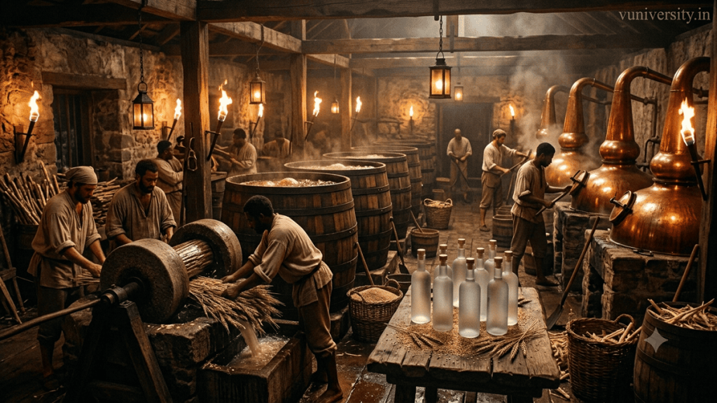 Vodka Industry Cinematic ultra‑realistic view of a traditional Eastern European vodka distillery with copper stills, rustic barrels, and frosted bottles.