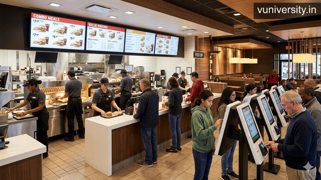 Customers ordering at digital kiosks in a busy quick service outlet with menu boards above the counter, watermark “vuniversity.in” in the top‑right corner.