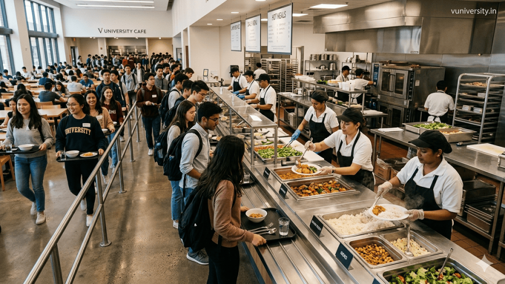Cinematic wide‑angle view of a university cafeteria with staff portioning standardized meals, watermark “vuniversity.in” in top‑right corner.

