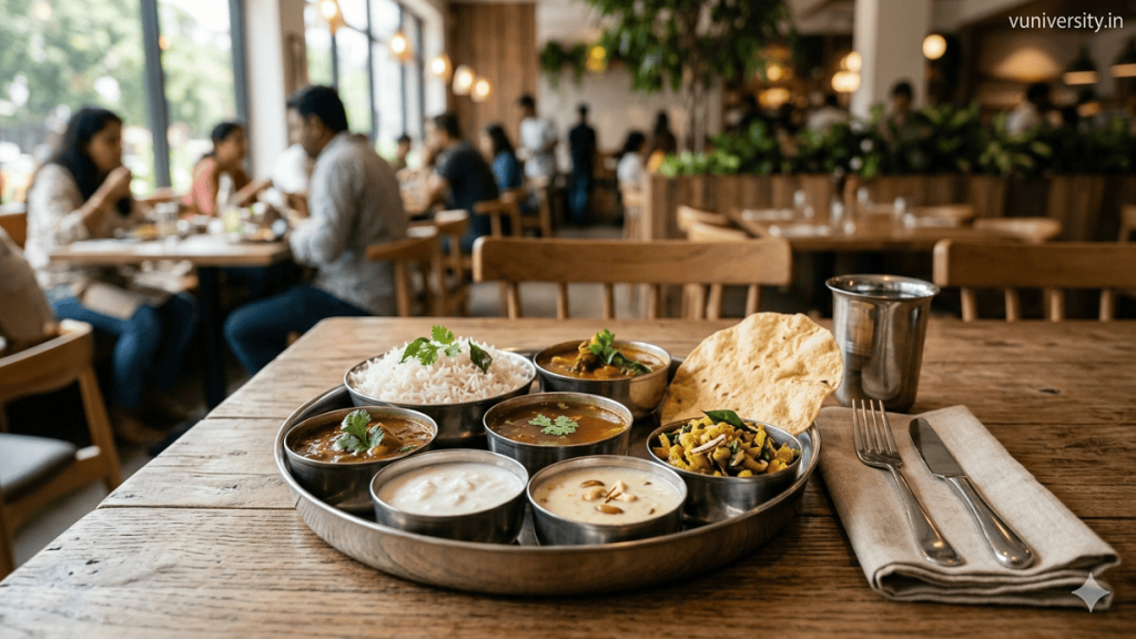 Stainless steel thali with rice, sambar, rasam, poriyal, papad, curd, and payasam, watermark “vuniversity.in” in the top‑right corner.