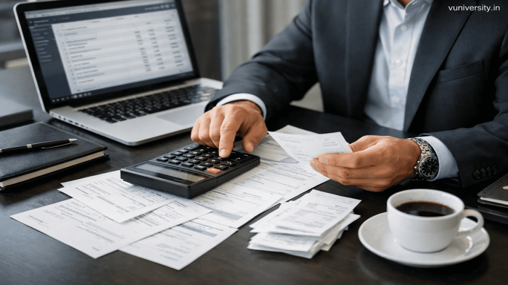 Finance professional calculating account settlements with invoices, receipts, calculator, and laptop in a modern business workspace.