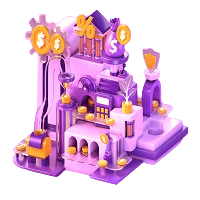 3D isometric illustration of a purple financial factory mechanism filled with gold dollar coins, percentage signs, money bags, gear wheels, and bank structures.