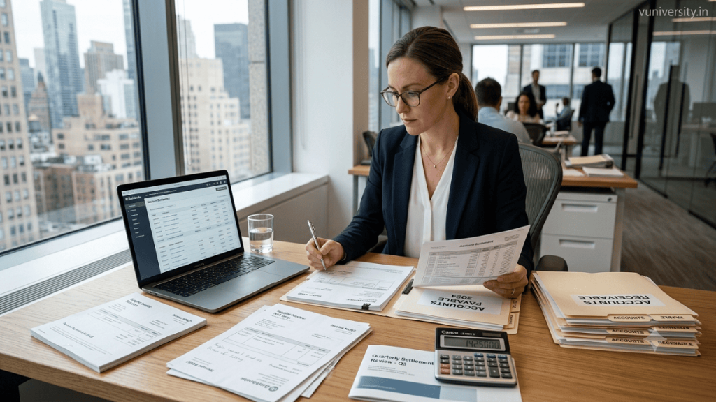Methods of Settling Accounts. Professional accountant reviewing invoices and financial documents while settling business accounts using accounting software in a modern office.