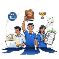Illustration of three happy students preparing for government exams; one holds up a book titled "GOVT EXAM PREP", another works on a laptop, and the third holds a completed checklist clipboard.