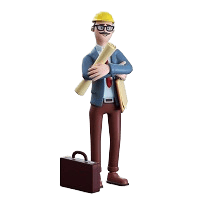 3D character illustration of a male engineer wearing a yellow hard hat, glasses, and blue suit jacket, standing with crossed arms holding blueprints and a clipboard next to a briefcase.