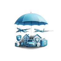 3D composite illustration of a blue umbrella sheltering various items including a car, two airplanes, houses, medical kits, and protective shields, symbolising comprehensive insurance coverage.