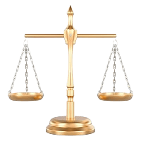 3D digital model of classic metallic golden scales of justice, featuring two balanced hanging pan trays suspended by chains from a central crossbar.