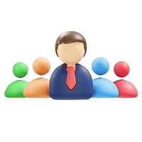 3D minimalist illustration of a corporate team with a central leader avatar wearing a navy suit and red tie, flanked by four colorful team member profile silhouettes.