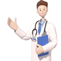 3D digital illustration of a male doctor in a white lab coat with a stethoscope around his neck, holding a blue clipboard and gesturing welcomingly with his right hand.