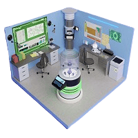 3D isometric illustration of a futuristic research laboratory room featuring desks with computer monitors, wall screens displaying scientific data, and a central cylindrical containment vessel.