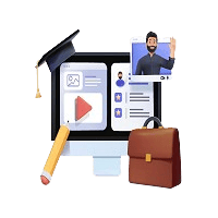 3D composite illustration of an online learning setup, featuring a desktop monitor displaying course content, a video call pop-up with an instructor, a graduation cap, a pencil, and a leather briefcase.